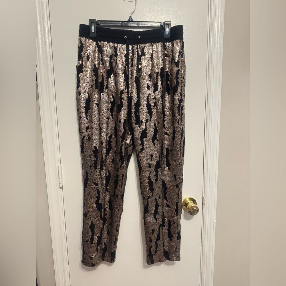Hei Hei Anthropologie Sequin Drawstring Pants Joggers Gold Black Women's Size M